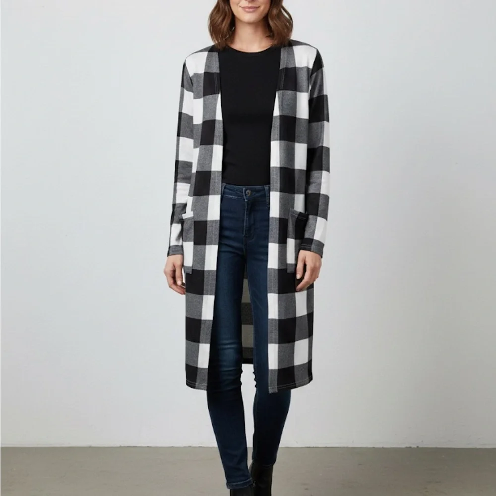 Womens Black White Buffalo Plaid Long Duster Open Cardigan Sweater Coat Jacket S
